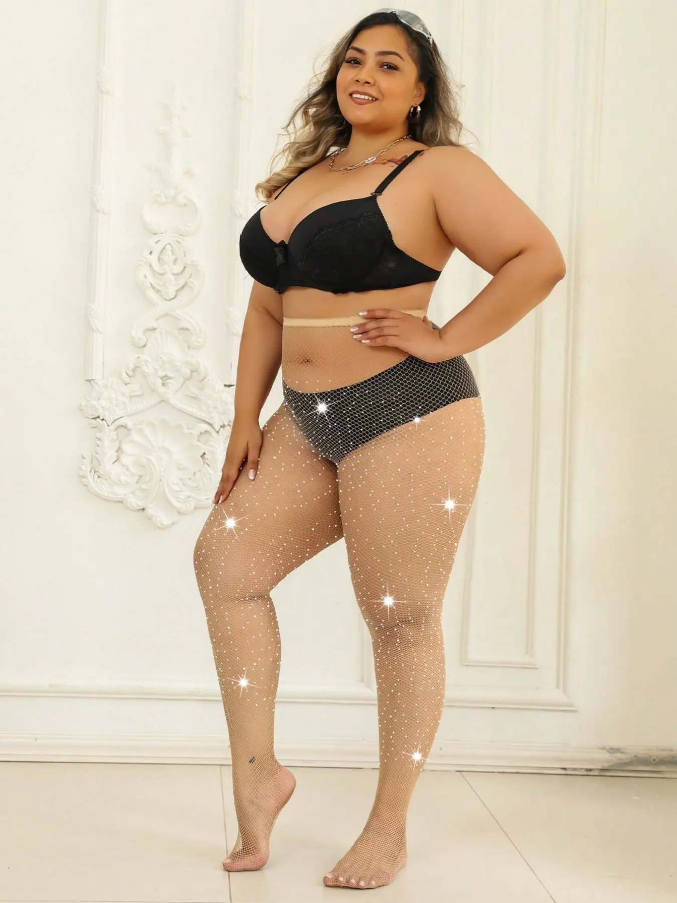 Women's Plus Size Transparent Rhinestone Fishnet Stockings, High Elasticity, Tight-Fitting, Sequins, Nightclub & Gothic Style, All Seasons