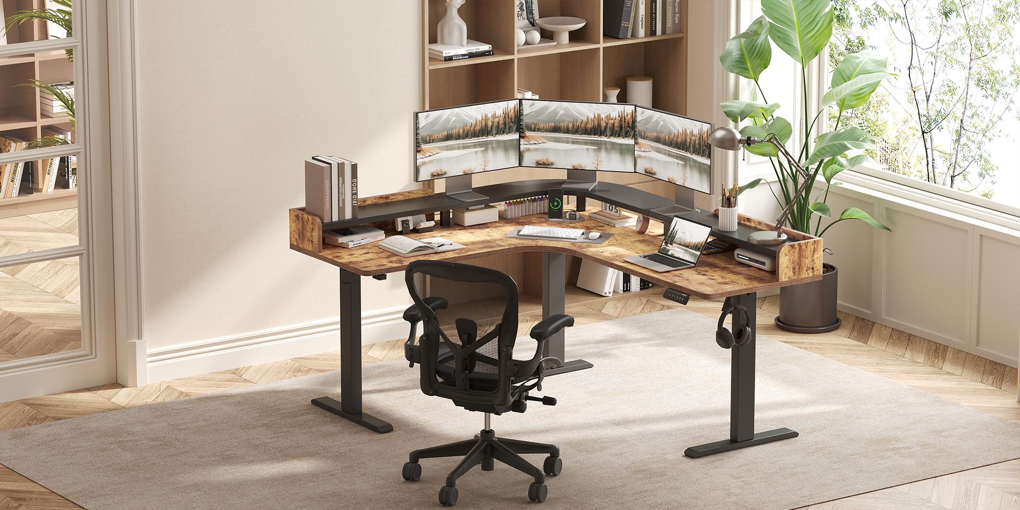 62.9" Electric L Shaped Standing Desk ,Adjustable Height Corner Desk with Monitor Shelf, Sit Stand Table for Home Office Computer Workstations,Splice Board,Gaming Desks Gifts for Men and Women,Rustic Brown/White/Black/Light Rustic Brown 62.9" Electric L Shaped Standing Desk ,Adjustable Height Corner Desk with Monitor Shelf, Sit Stand Table for Home Office Computer Workstations,Splice Board,Gaming Desks Gifts for Men and Women,Rustic Brown/White/Black/Light Rustic Brown