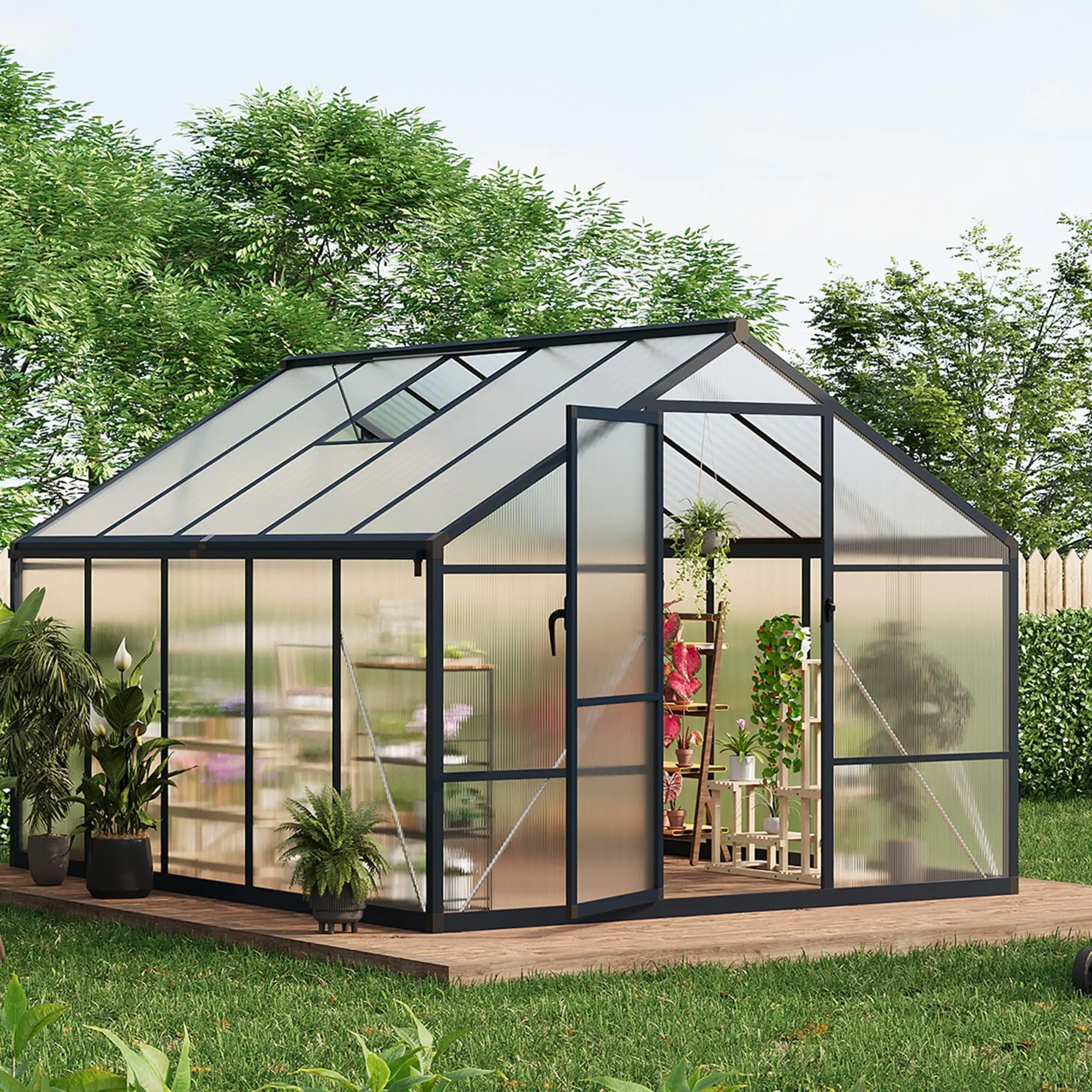 8x10ft Aluminum Frame Walk-in Greenhouse for Outdoors, Dark Gray, with Roof Vent, Lockable Outward-Opening Swing Door, Heavy-Duty Polycarbonate for Garden, Backyard, Walk-In Door