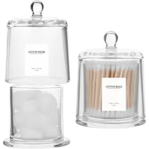 rejomiik 2 Pack Qtip Holder Thick Glass Apothecary Jars with Lid for Bathroom Accessories Vanity Organizers and Makeup Storage for Cotton Ball, Swabs, Makeup Sponges, Candy, Jewelry, Clear