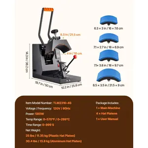 VEVOR Hat Heat Press, 4-in-1 Cap Heat Press Machine, 6x 3in Clamshell Sublimation Transfer, LCD Digital Timer Temperature Control with 4pcs Curved Heating Elements (6x3/6.7x2.7/6.7x2.7/8.1x3.5)