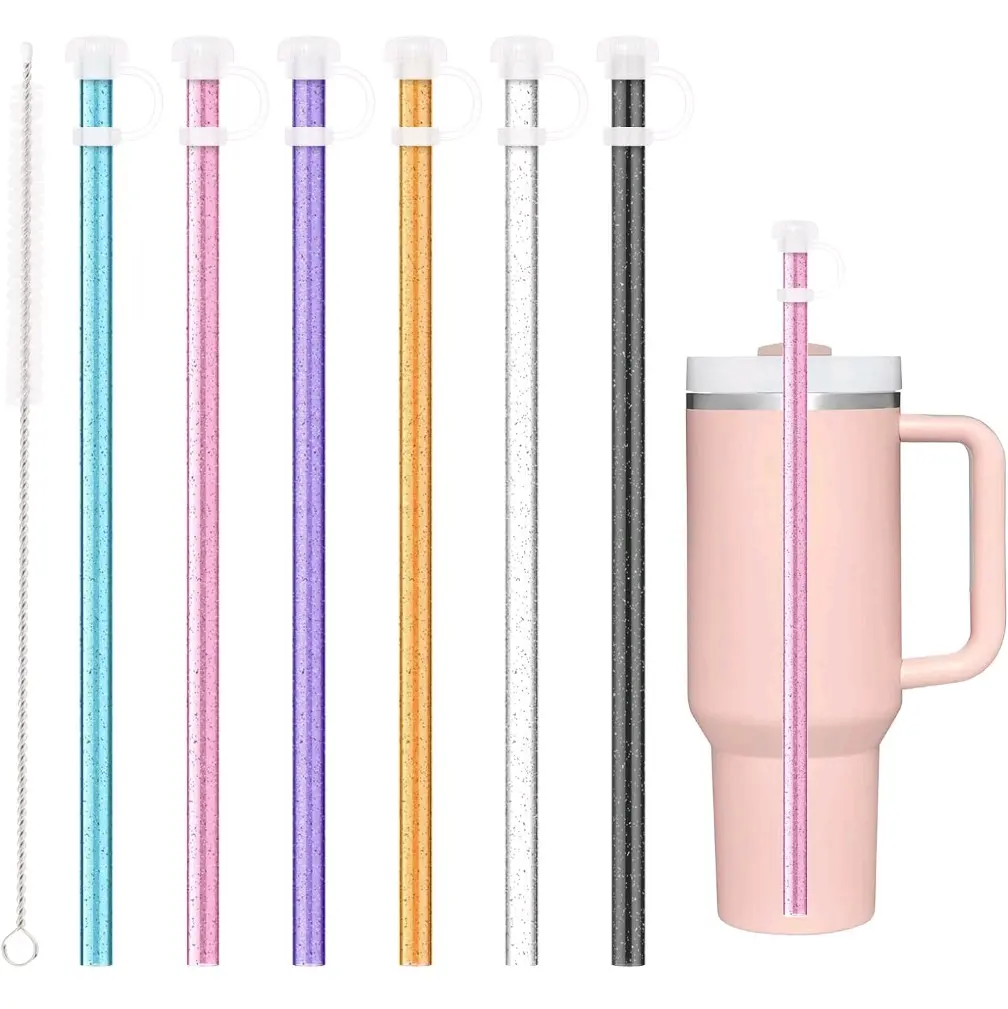 6-Pk BPA-Free & Safe Replacement Straws for Stanley & Other Tumblers (14-40 oz) - Sparkling Glitter or Clear Straws with Durable Reusable Silicone Covers, Daily Use Kitchenware Drinkware Accessories
