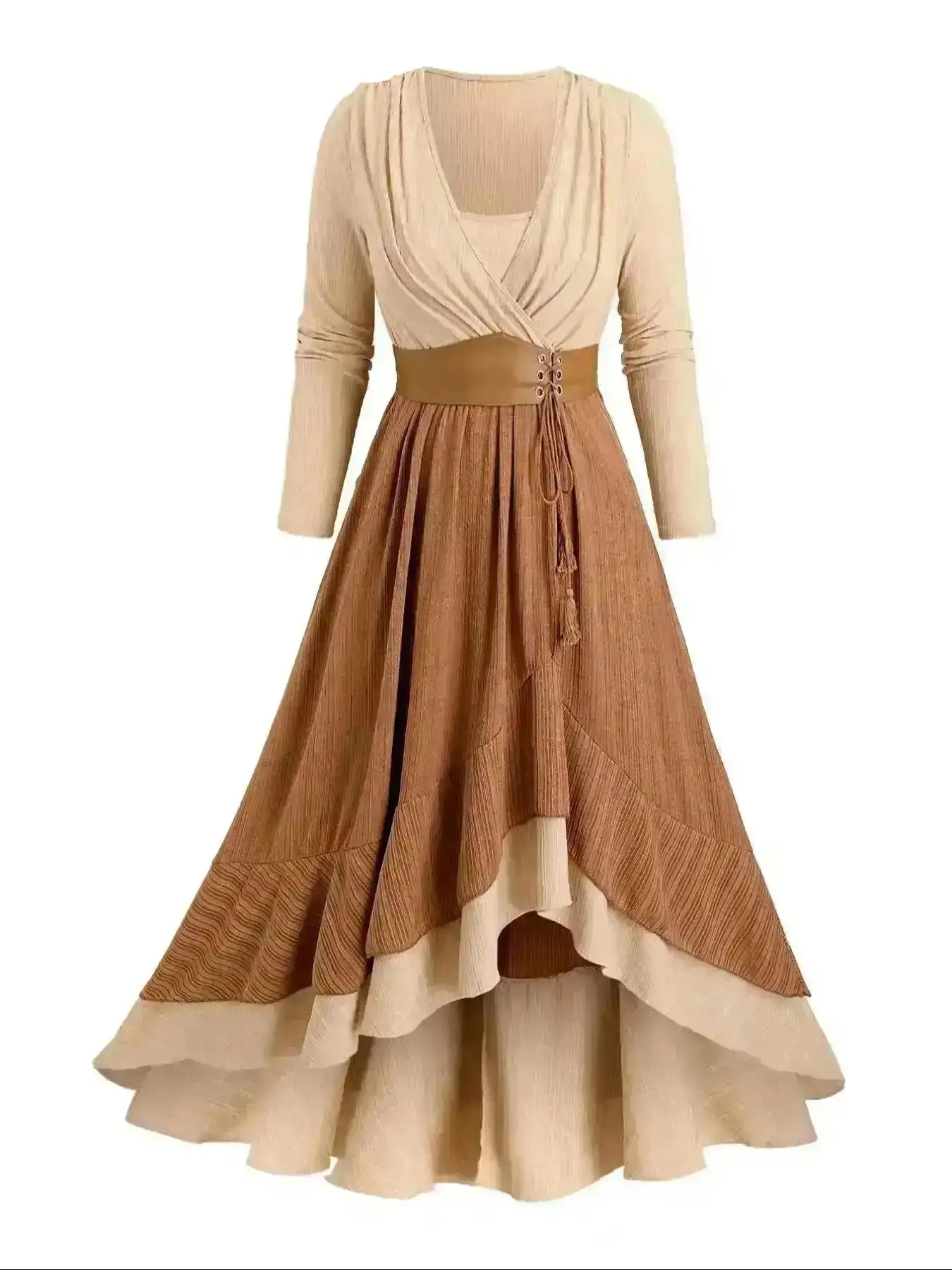 Retro Colorblock High Low Desigh Dress, Casual Modesty Chic Pocket Long Sleeve Dress for Spring & Fall, Dresses for Women, Women's Clothes for Daily Wear, Modest Bohemian Style Dress, Classy Modest Dresses Women Fashion