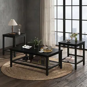 Industrial 3-Piece Coffee Table Set, Multifunctional Living Room Table Combo with 2 Square End Side Tables, Sturdy Metal Frame Accent Furniture, Modern Space Saving Tea Table Set, Easy Assembly Decor for Apartment, Home Office Indoor Daily Use