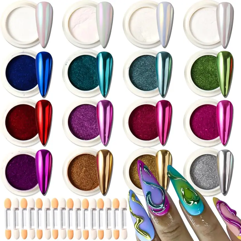 16pcs Smooth Chrome Nail Powder Kit, Safe & Easy-to-Apply Magic White Pearl Mirror Effect Ultra-Fine Metallic Glitter Dust, Nail Tech Supplies for Gel Polish Decoration, Home DIY & Salon Use