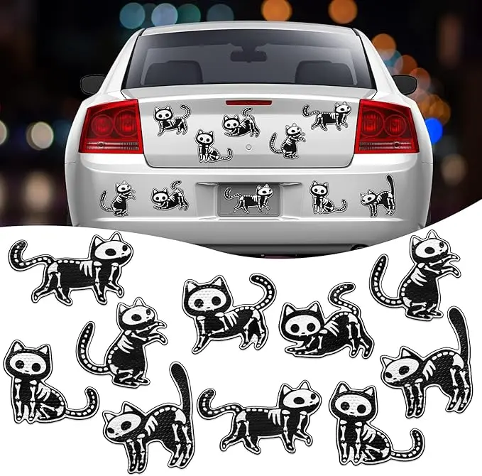 16 Pcs Halloween Skeleton Car Magnets Halloween Reflective Magnet Black Fridge Magnets Reusable Automotive Magnetic Stickers Halloween Waterproof Magnets Decor for Refrigerator Garage Door (Cat)