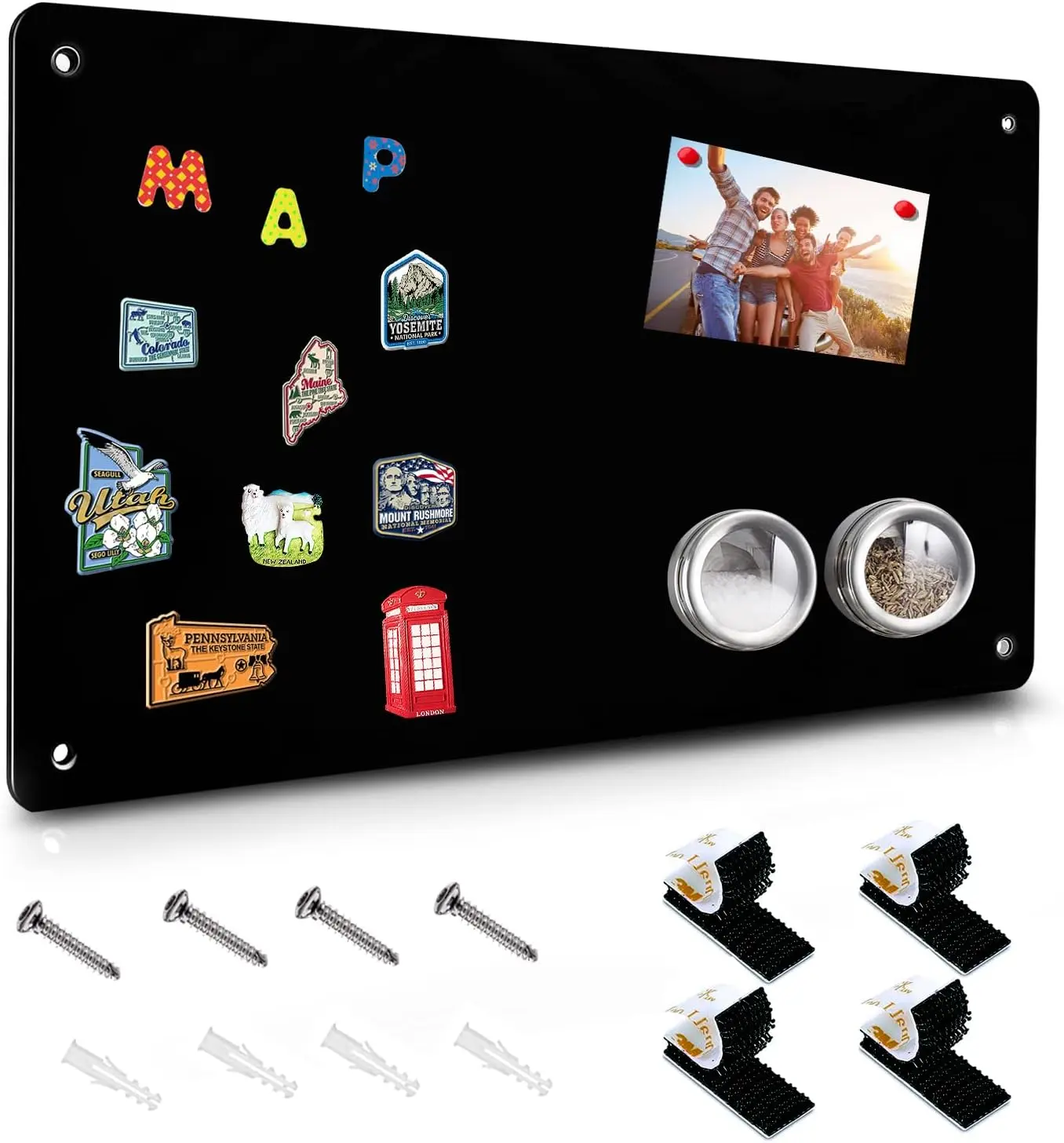 Black Steel Magnetic Board (17.5" x 11.4") 1 Pack - Home Wall & Refrigerator Mount Bulletin Board for Displaying Notes, Photos, Includes 8 Dual Lock Tapes & Screws