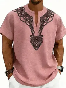 Men's Summer V-Neck Short Sleeve Rune Print Top, Country Summer Shirt, Casual Beach Shirt, Casual Tops, Lightweight Breathable Design, Casual Tropical Island Vacation Style, Regular Fit Men's Clothing