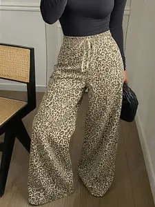 Women's Leopard Print Loose-Fitting Casual Fashion Pants, Natural Waist with Drawstring for All Seasons, Trendy Streetwear for Youth