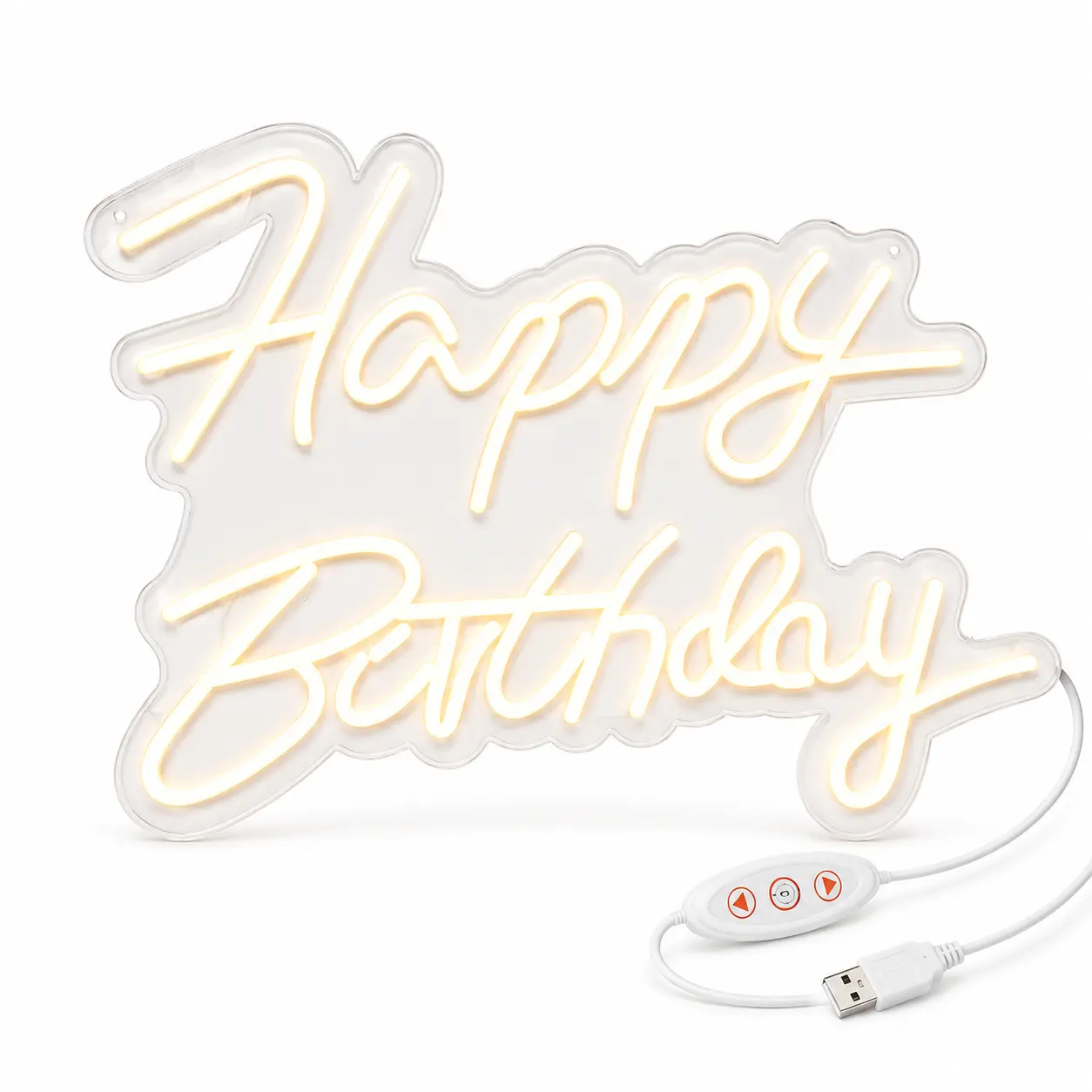 Happy Birthday LED Neon Sign, Warm White USB Powered Birthday Party Light with Inline Controller, Acrylic Wall Decor for Cake Table, Photo Backdrop, Kids and Adults