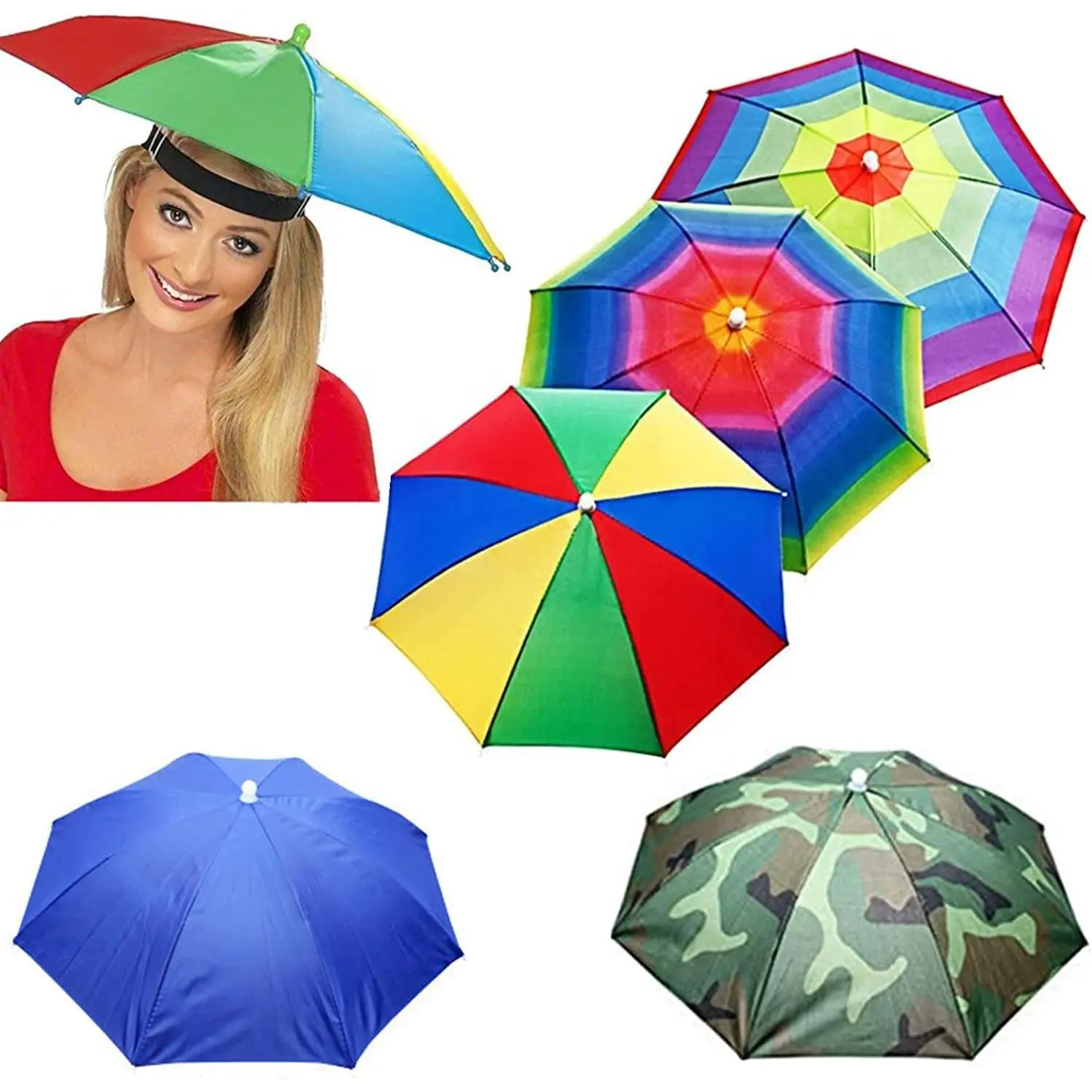 5 Pack Umbrella Hat,   Umbrella Hats for Adult  Women, 21" Diameter Folding  Rainbow Fishing Headwear for Outdoor Party Beach Hiking