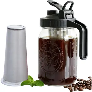 Cold Brew Coffee Maker 32 Oz Wide Mouth Mason Jar Pitcher With Stainless Steel Filter 1 Quart Airtight & Leak-Proof Cold Brew Pitcher With Pour Spout Lid and Handle For Iced Coffee Tea and Lemonade