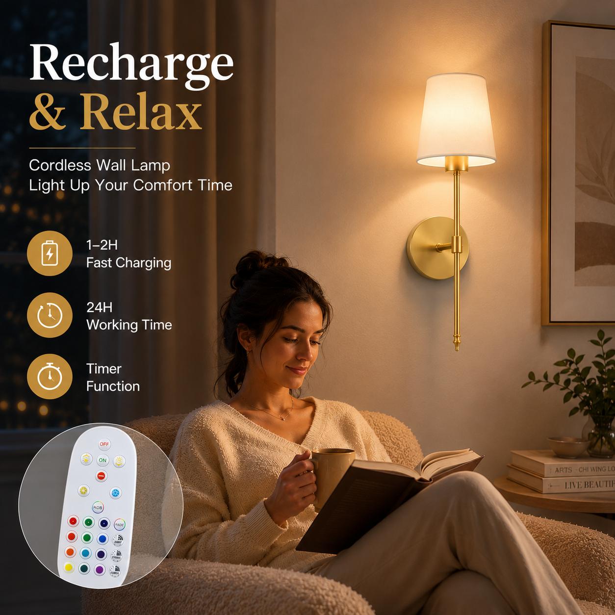 2-Piece Wireless Rechargeable Wall Sconce Light Set - Battery-Operated Ambient Dimmable LED, RGB & Multicolor Lamp with Remote for Bedroom Wall Decor