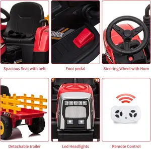 【Christmas Gift】Red 12V Kids Electric Tractor With Trailer Remote Control 7 LED Lights MP3 Player And EVA Tires Red