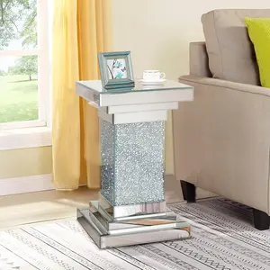 Pregaspor Silver Mirrored End Table,Square Mirrored Side Table with Crystal Inlay, Modern Gorgeous Mirrored Coffee Table for Living Room Bedroom
