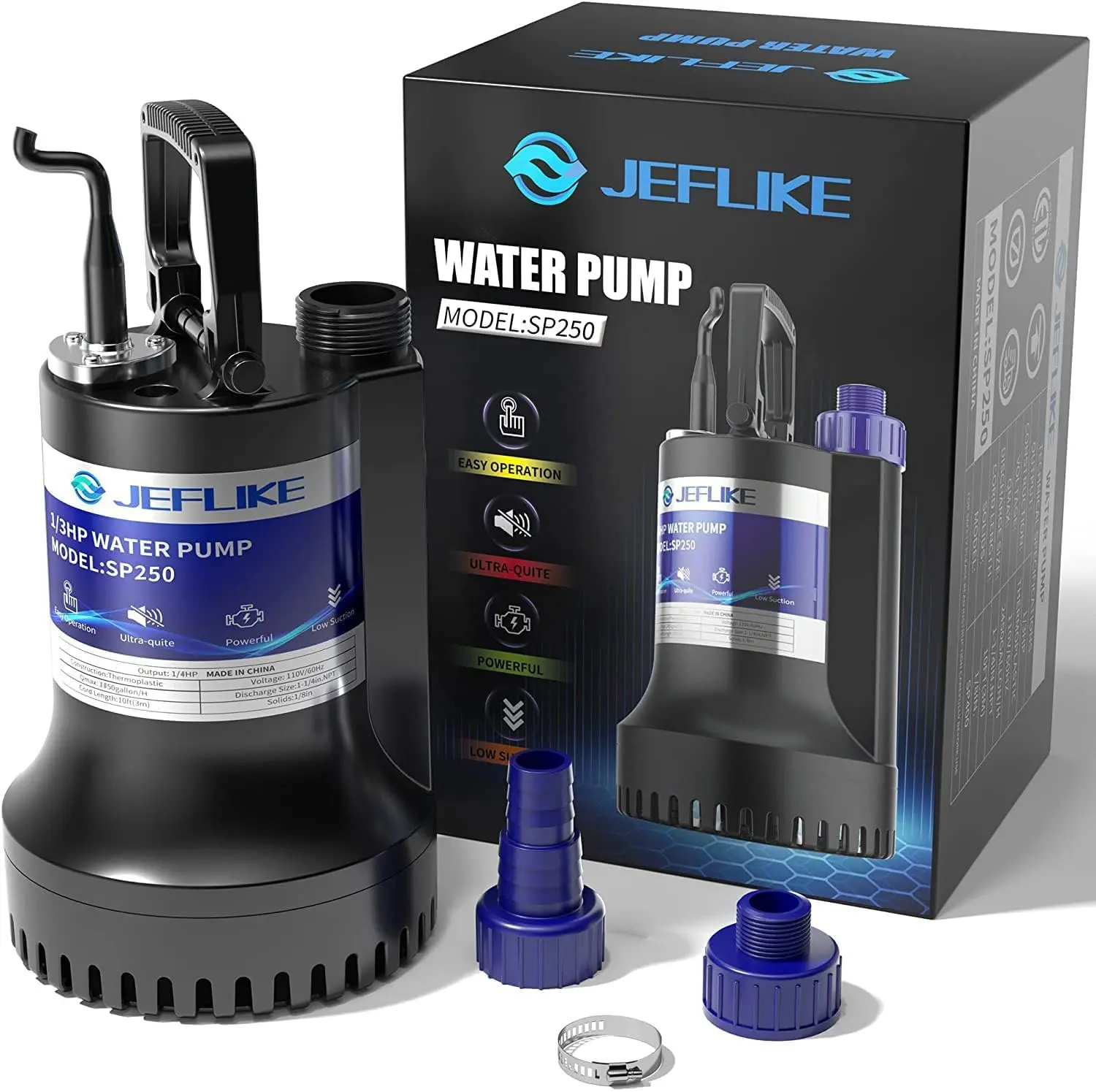 JEFLIKE 1/3HP Water Pump 2500GPH Utility Pump Sump Pump Submersible Thermoplastic Rotatable Handle for Hot Tub Basement Pond Pool Draining