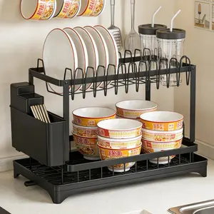 2 Tier Dish Drying Rack Organiser for Kitchen Counter – Large Capacity Stainless Steel Rustproof cabinet Dish Drainer with Drainboard, Space-Saving compact storage , Fit for drumstick grilling Plates,Bowls,Cups,Pots,Pans, Utensil Holder, No Rust, Black