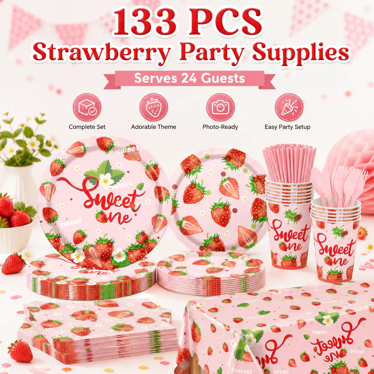 133PCS Colorful Strawberry-Themed Birthday Party Supplies Set, Disposable Tableware Kit with Printed Paper Plates, Drink Cups, Napkins, Straws, Pink Cutlery, Leaf & Floral Confetti, Tablecloth for Girls' First Birthday, Party Kit, Adorable