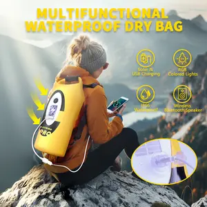 Solar/Battery Powered Multi-Functional Waterproof Backpack, Bluetooth Speaker, IP66 Waterproof Dry Bag, Heavy Duty Roll Top Closure, Large Capacity Bag for Camping, Hiking, Traveling