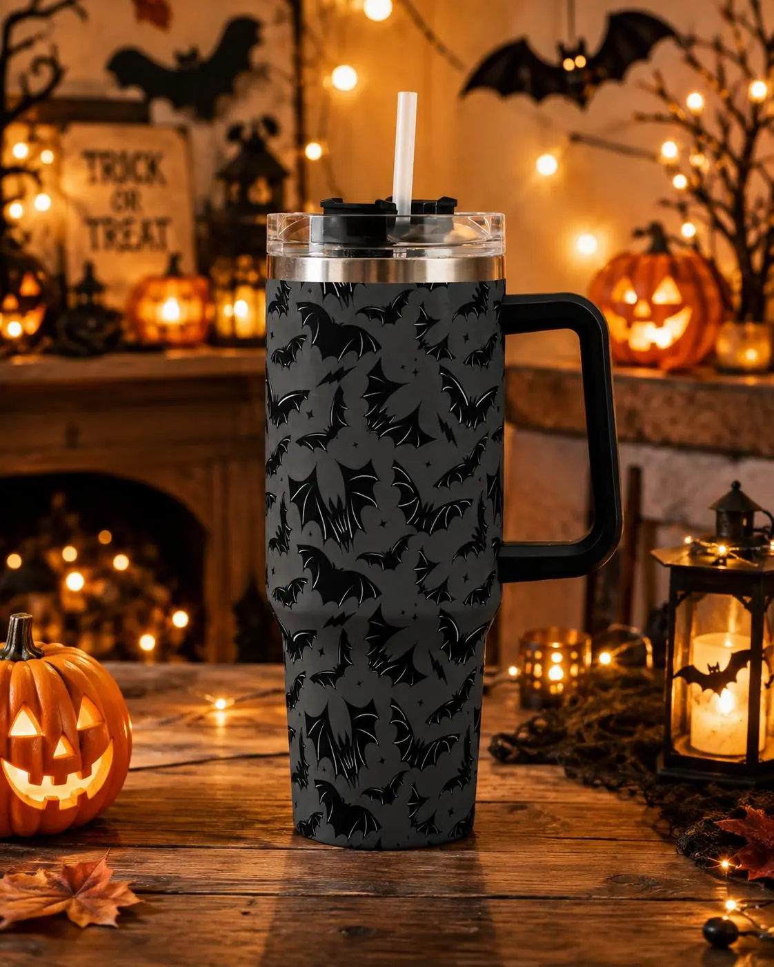 Halloween Bat Pattern 40oz Tumbler with Handle & Straw, Stainless Steel Vacuum Insulated Travel Mug for Hot & Cold Drinks