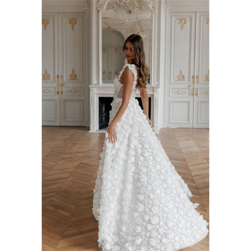 Cathy White 3D Flower Prom Dresses Lace-up Back A-line vestidos de noche Elegant Sleeveless Side High Split Formal Evening 2024 Womenswear Comfort