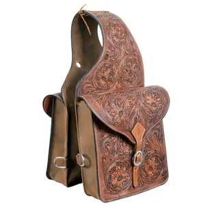 HILASON Western Horse Floral Tooled Leather Saddle Bag Heavyduty Traditional Trail Ride Oiled Tan | Equestrian Western Adjustable Closure