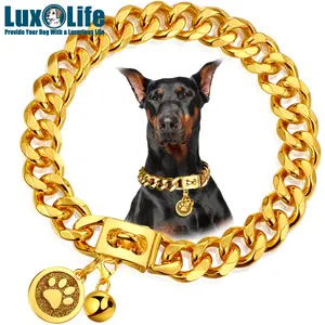 Designer Luxury Dog Collar Gold with  Buckle 19mm Cuban Link Dog Chain Metal Dog Collars for Puppy Small Medium Large Dogs with Dog tag & Bell