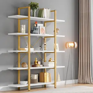 Tribesigns 5-Tier Bookshelf, Vintage Industrial Style Bookcase 70 ‘’ H X 12’’ W X 47’’L, Gold Tribesigns