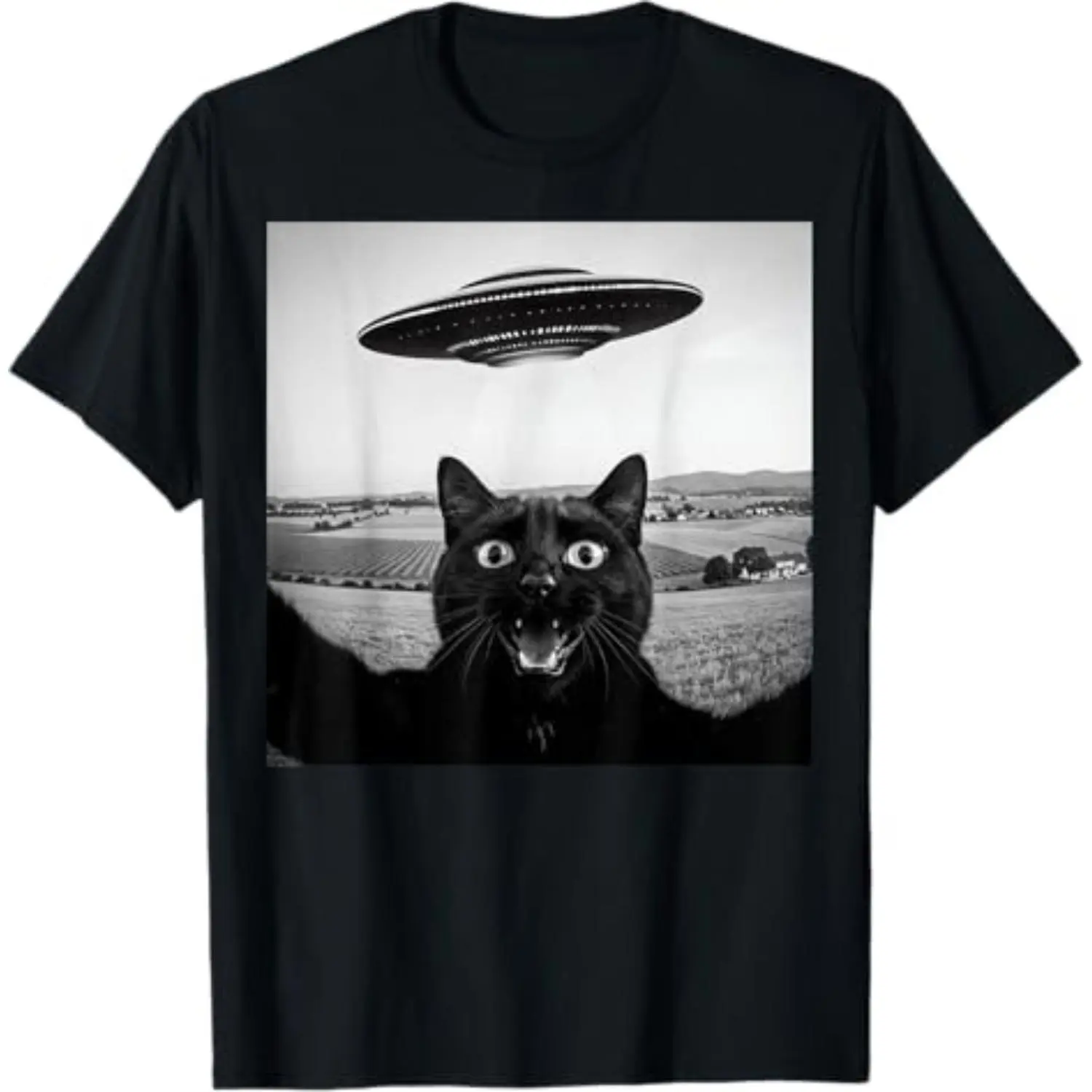 Funny Alien Ufo Black Cat Selfie Graphic T Shirt for Men and Women