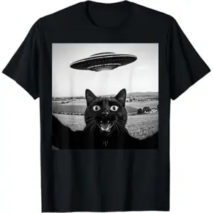 Funny Alien Ufo Black Cat Selfie Graphic T Shirt for Men and Women