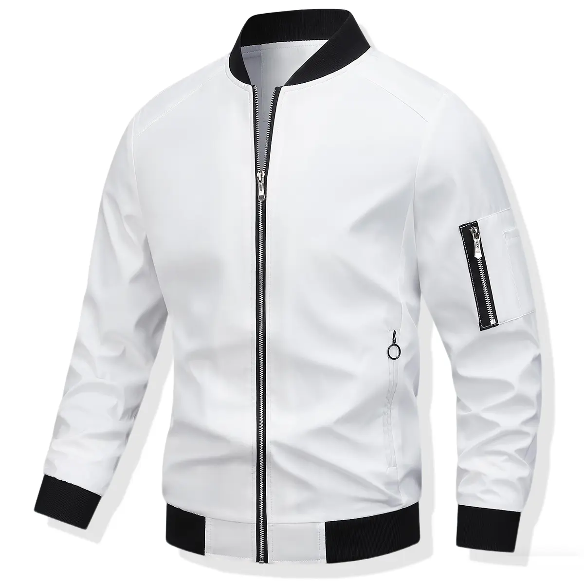 Men's Casual Stand Collar Jacket, Solid Fitted Zip-Up Coat with Pockets, Polyester-Lined for Autumn & Winter, Pull-On, Plain
