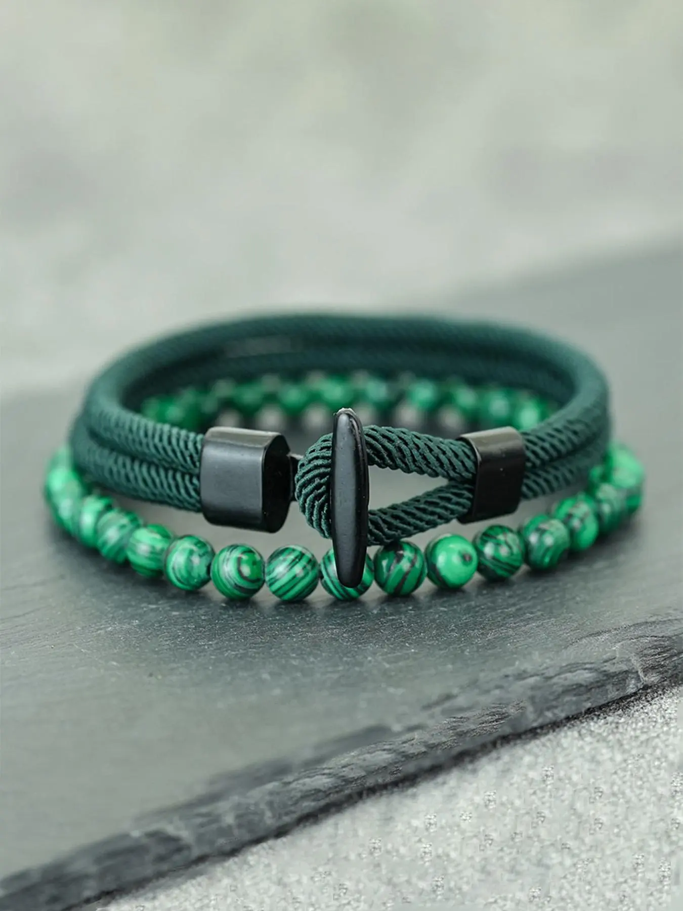 2-Piece Classic Men's Beaded Bracelet Set, Handcrafted Natural Malachite Jewelry, Easy Rope Stylish Accessories