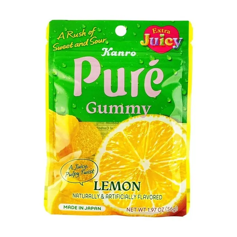 Kanro Pure Chewy Classic Chewing Gum, Lemon-Flavored Fruit Gummy Snack with Sodium Citrate & Vegetable Juice (Color) - 56g