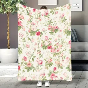 2D plane 1PC Pink Floral Fabric Patterned flannel blanket, multi-color digital print soft and warm blanket, birthday gift, home decor bed blanket, suitable for bedroom, sofa, office nap, and family travel.