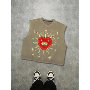 Men's Dark Mystery Heart Embroidered Sleeveless Vest, Street High Street Cut, Heavy Cotton, Washed Vintage Finish, Casual Daily Wear Tank Top soulja boy outfit christian clothing gorlock destroyer shirt