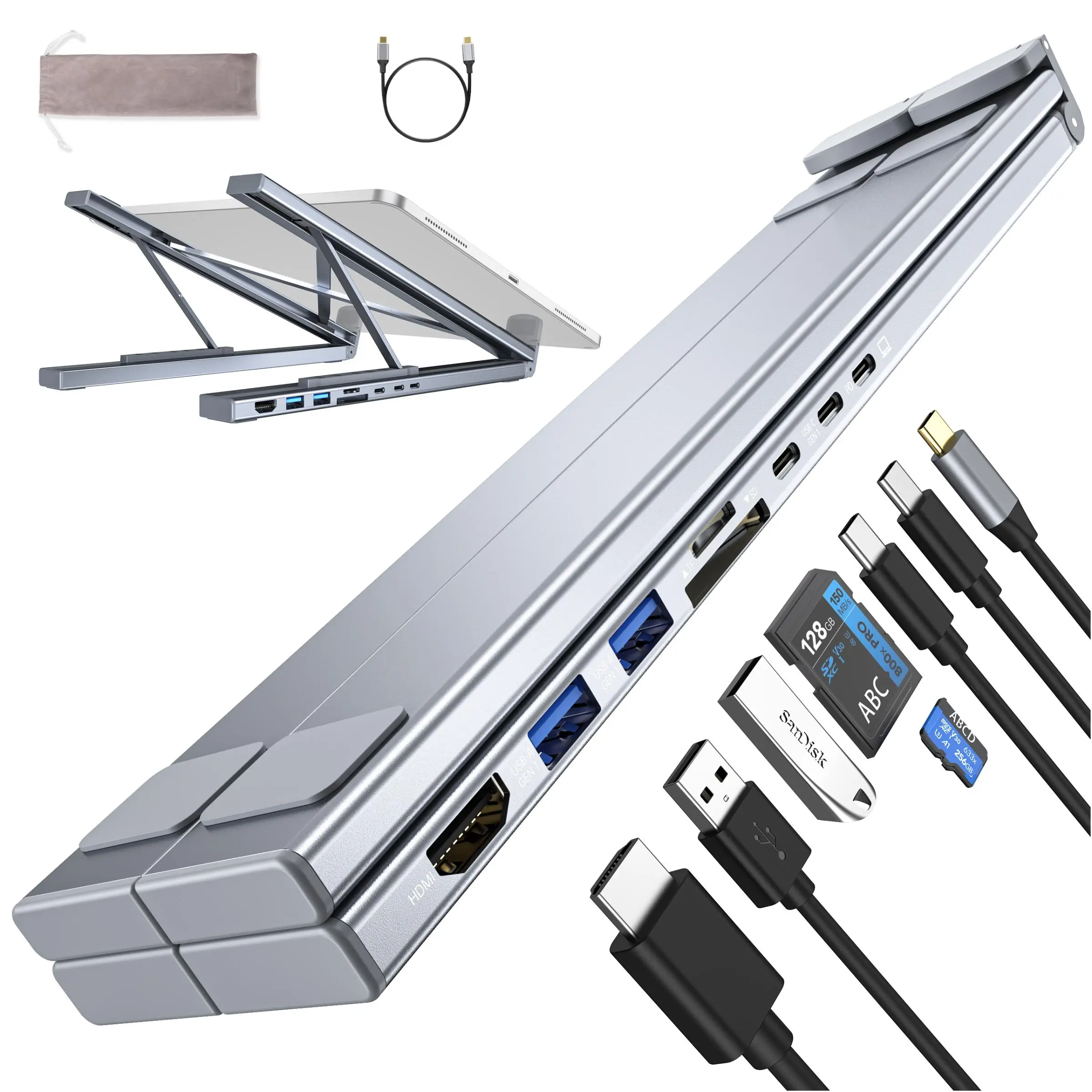 8-in-1 Stand Hub, Multifunctional Laptop Holder Stand with HDMI & USB-C Port, Portable Laptop Stand Hub, Suitable for 10-17 inch Laptops, Tablet & Computer Accessories
