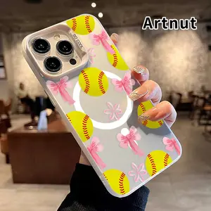 Magnetic Phone Case for iPhone 15 16 14 Pro Max 13 12 11 E Plus Softball Bow Flower Pattern Shockproof Drop Protection Durable PC Smartphone Cover Cellphone Protective