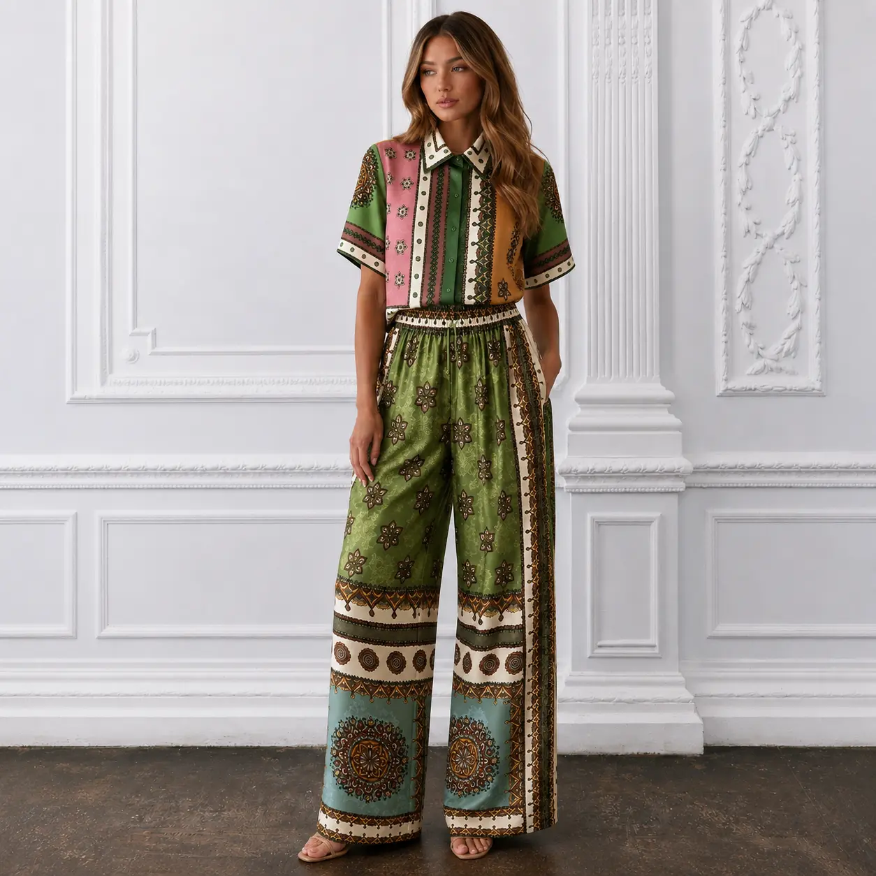 Women's 2-Piece Contina Scarf Print Co-ord Set - Floral Patchwork Button-Down Shirt and Relaxed Wide-Leg Pants with Drawstring Waist - Luxury Resort Wear Chic Fabric