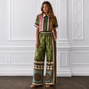 Women's 2-Piece Contina Scarf Print Co-ord Set - Floral Patchwork Button-Down Shirt and Relaxed Wide-Leg Pants with Drawstring Waist - Luxury Resort Wear Chic Fabric