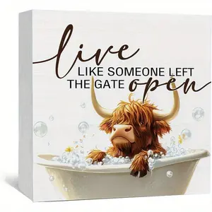 Highland Cow Wooden Box Sign Rustic Farmhouse Design Live Like Someone Left the Gate Open Signs for Home Decor, Farm Cottagecore Animal Office Bedroom Decor, Highland Cow Gifts for Women 5x5 inch