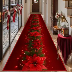 1pc Christmas Fashion Red Base Tone With Flashing Lights And Bright Floral Patterns Corridor Long Carpet, Machine Washable Balcony and Terrace Large Space Carpet, Soft and Comfortable Villa Entrance Floor Mat, Suitable for Christmas Gifts