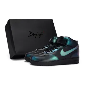 Nike Air Force 1 Mid-Top Sneakers with Color-Shifting Blue-Green-Purple Design, Special Box, Slip-Resistant, Unisex Trending Shoes, House White Official Shoes to Get / Maison Mihara