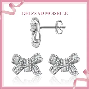 Delzzad Bow Stud Earrings Bow-knot Earrings Synthetic Moissanite S925 Stud Earrings Jewelry Perfect Birthday Mother’s Day Christmas Gift Wedding Set