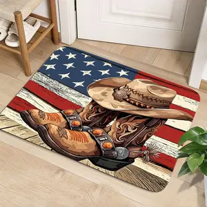 1pc 100% Polyester Flannel Entry Mat, American Vintage Style, Non-Slip Rug for Doorway, Hallway, Stairs, Fashion Print Design