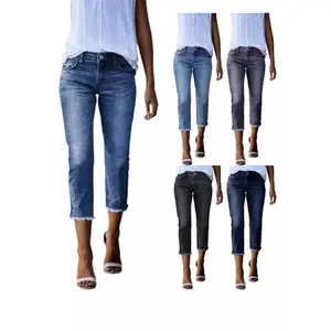 Women’s High-Waisted Ripped Skinny Stretch Denim Capri Pants/Jeggings with Pockets