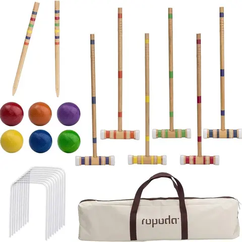 (Summer Turn-Up)Ropoda Six-Player Croquet Set with Wooden Mallets, Colored Balls, 2 Ending Stakes, 9 Steel Wickets & Durable Carrying Bag for Easy Storage, Summer Turn Up & Father's Day Deal