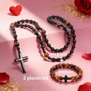2pcs/ Set Natural Obsidian Tiger Eye Beads Necklace Bracelet Cross Pendant Men'S Simple Jewelry, Fashion Accessory, Stylish Accessory, Men Gift Set
