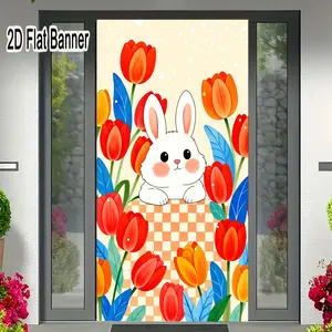 2D flat banner, 1pcCute White Bunny with Pink Cheeks & Ears Peeking Over Checkered Box, Spring Tulips Background - Whimsical Spring Decor for TikTok Videosgalentines party decor, valentine day decor, decorations for valentines day