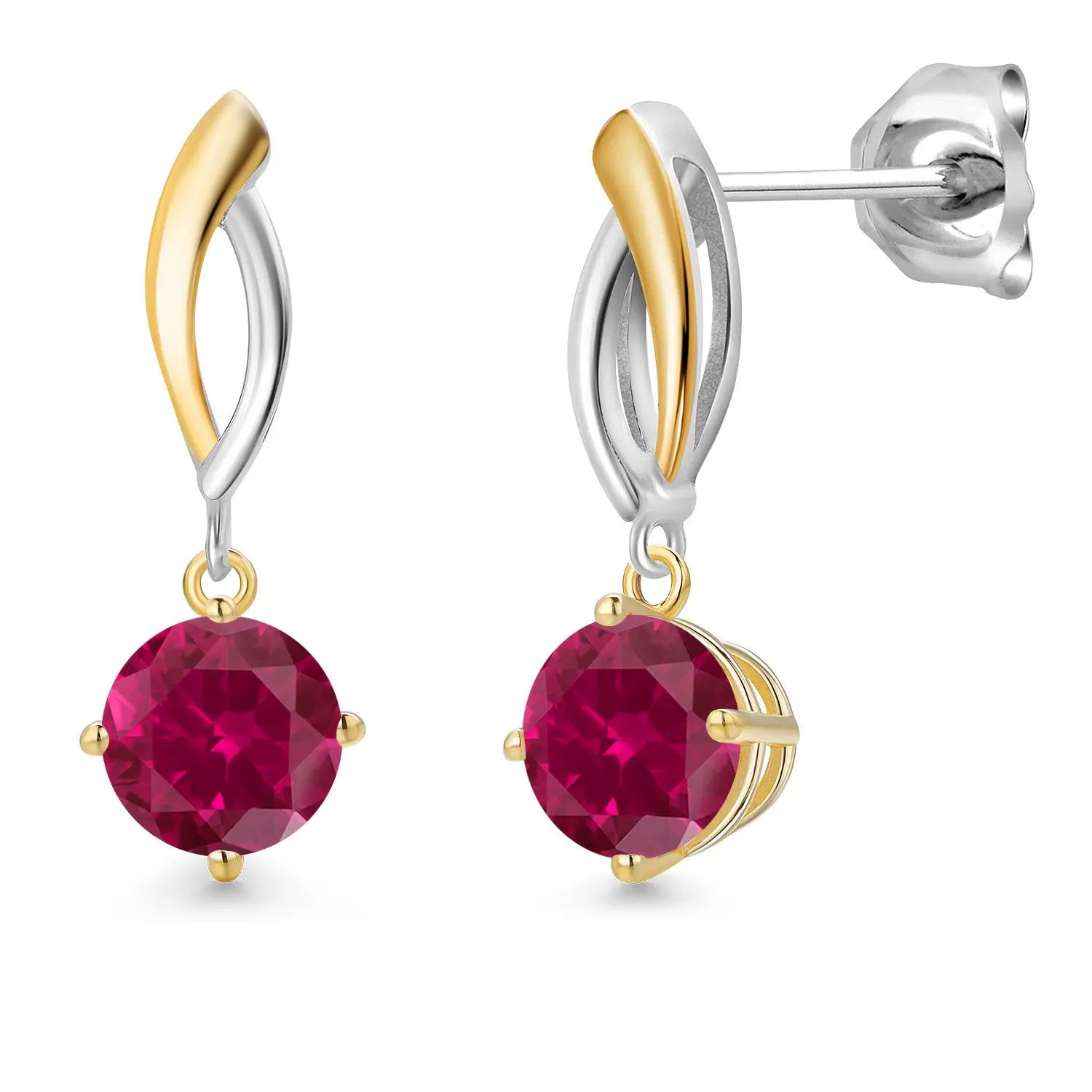 925 Silver and 10K Yellow Gold Red Created Ruby Dangle Earrings for Women | 2.00 Cttw | Gemstone July Birthstone | Round 6MM