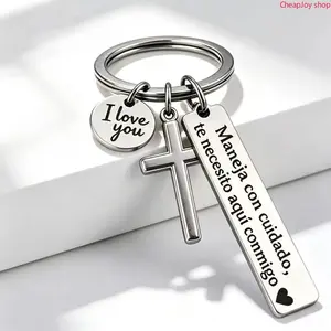 【Summervibes】Spanish Drive Safe Keychain, Stainless Steel Key Ring with Cross & I Love You Charm, Sweet Religious Romantic Pendant, Thoughtful Daily Carry Accessory, Meaningful Gift for Family, Lovers & Special Occasions